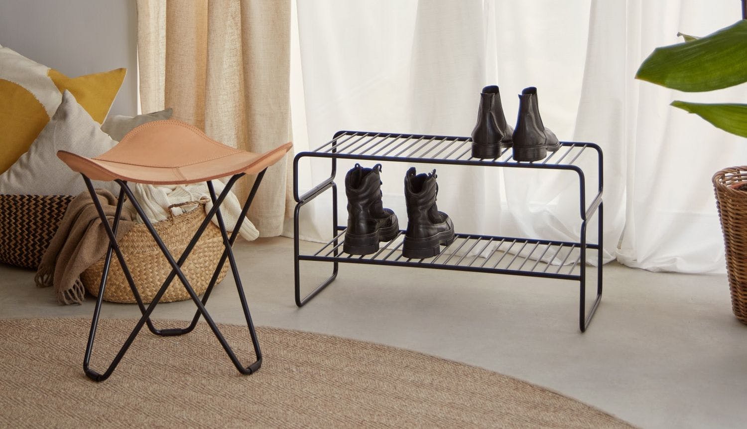 Metal shoe rack and natural leather stool entryway