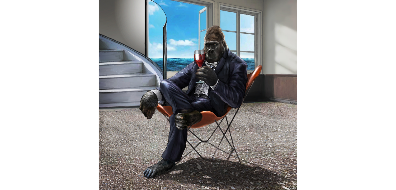 fancy gorilla sitting in leather butterfly chair with a glass of wine